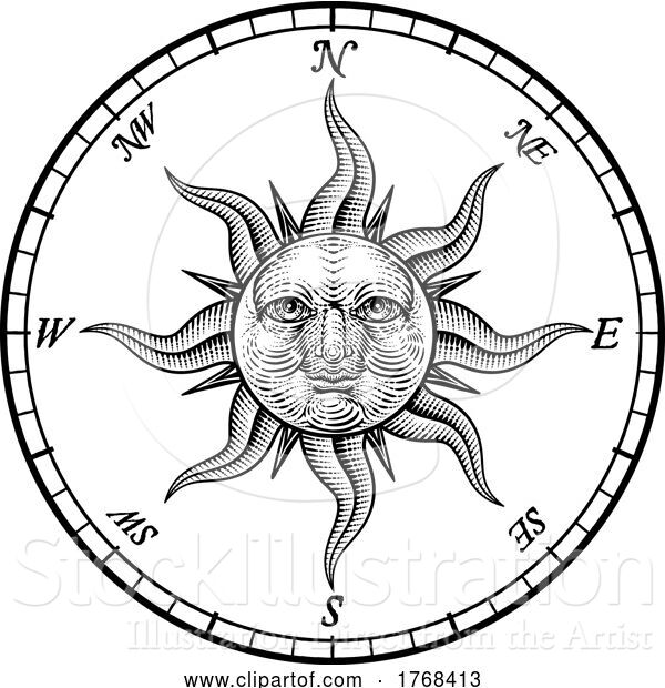 Vector Illustration of Compass Sun Face Etching Rose Woodcut Drawing