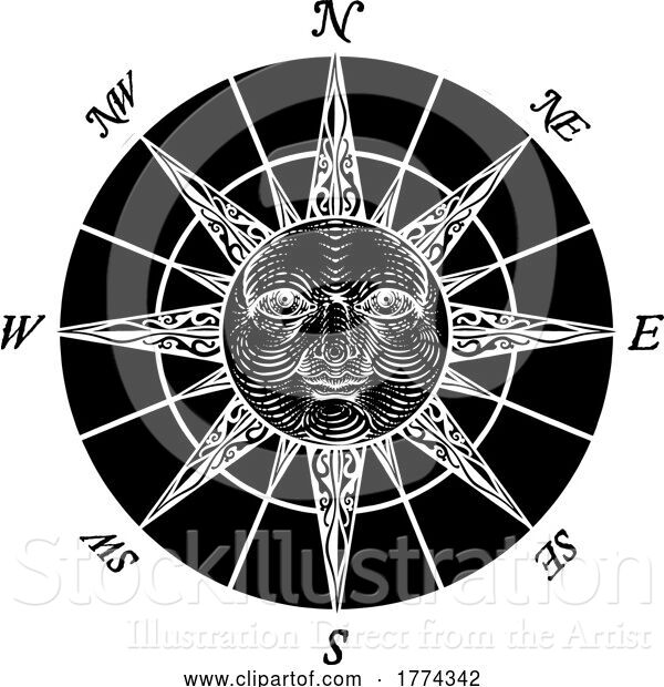 Vector Illustration of Compass Sun Face Etching Rose Woodcut Drawing