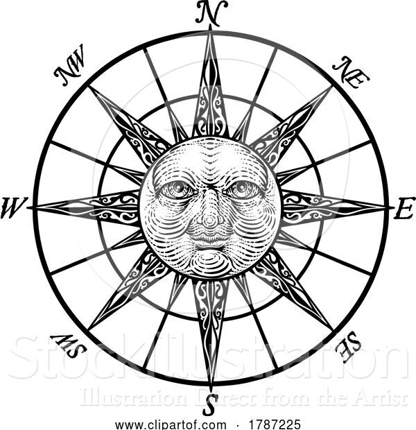 Vector Illustration of Compass Sun Face Etching Rose Woodcut Drawing