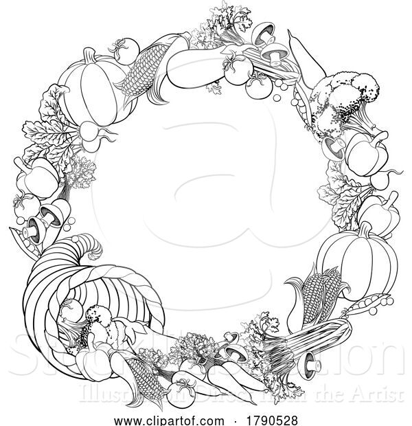 Vector Illustration of Cornucopia Gold Horn of Plenty Vegetables Frame