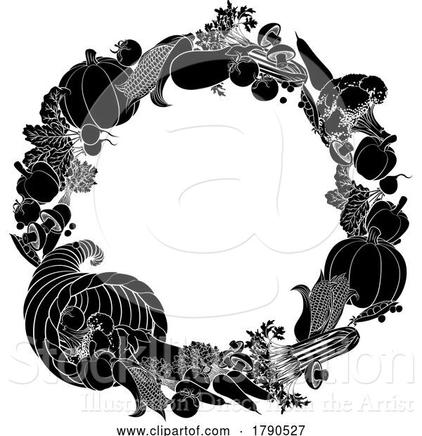 Vector Illustration of Cornucopia Gold Horn of Plenty Vegetables Frame