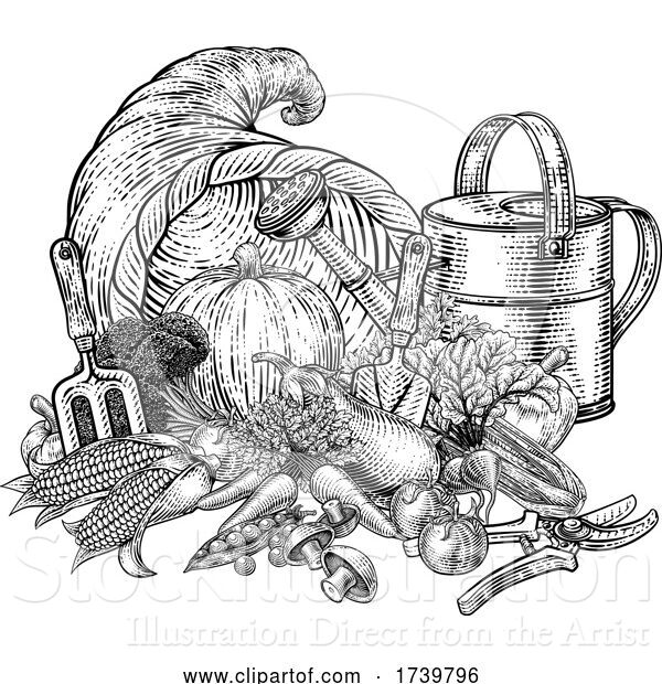 Vector Illustration of Cornucopia Horn Gardening Produce Vintage Woodcut