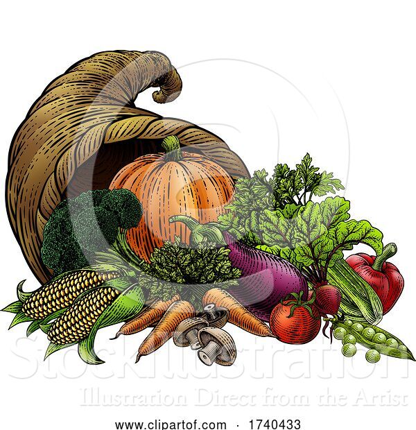 Vector Illustration of Cornucopia Horn Produce Vegetables Vintage Woodcut