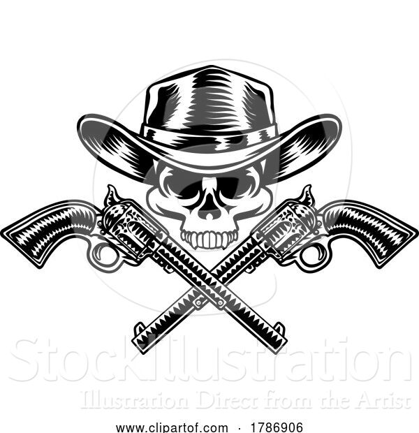 Vector Illustration of Cowboy Hat Pistols Skull Pirate Cross Bones