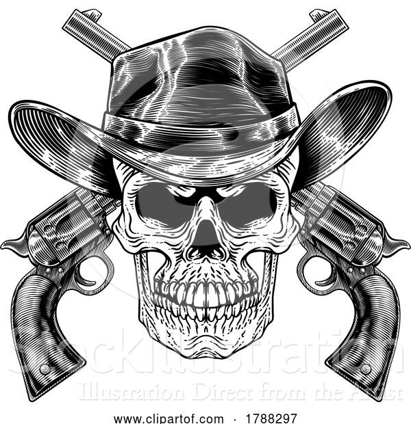 Vector Illustration of Cowboy Hat Pistols Skull Pirate Cross Bones