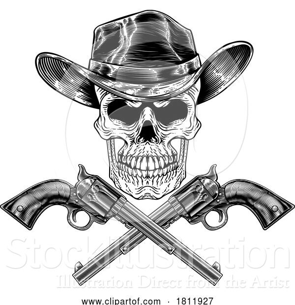 Vector Illustration of Cowboy Hat Pistols Skull Pirate Cross Bones