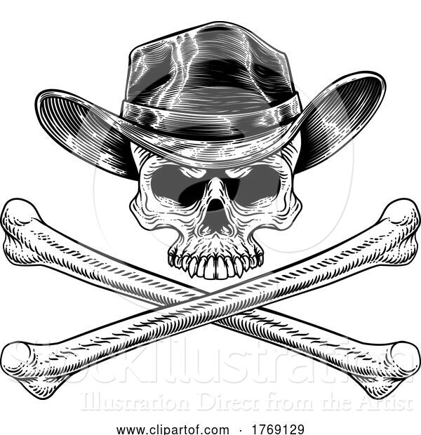 Vector Illustration of Cowboy Hat Western Skull Pirate Cross Bones