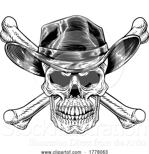 Vector Illustration of Cowboy Hat Western Skull Pirate Cross Bones