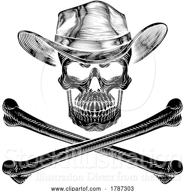 Vector Illustration of Cowboy Hat Western Skull Pirate Cross Bones