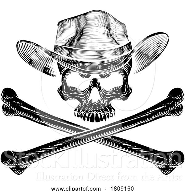 Vector Illustration of Cowboy Hat Western Skull Pirate Cross Bones