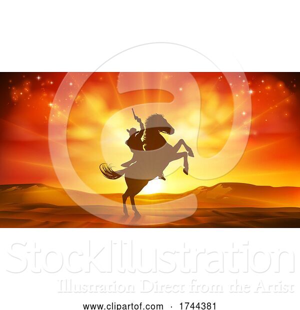 Vector Illustration of Cowboy Riding Horse Silhouette Sunset Background
