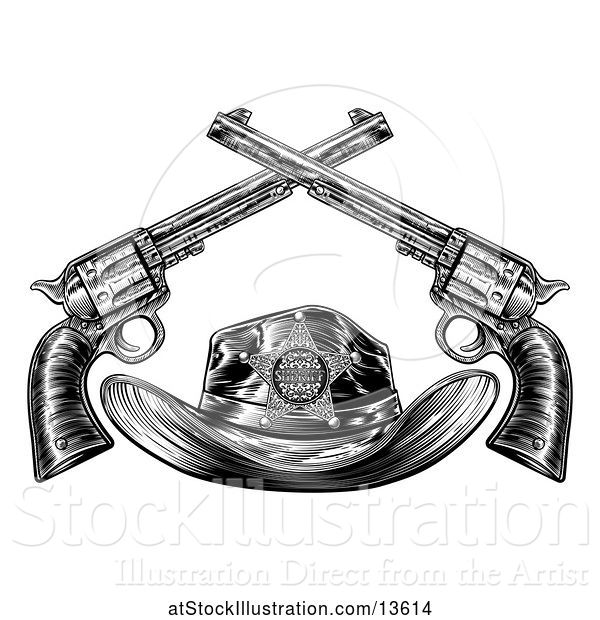 Vector Illustration of Cowboy Sheriff Hat with Crossed Guns in Black and White