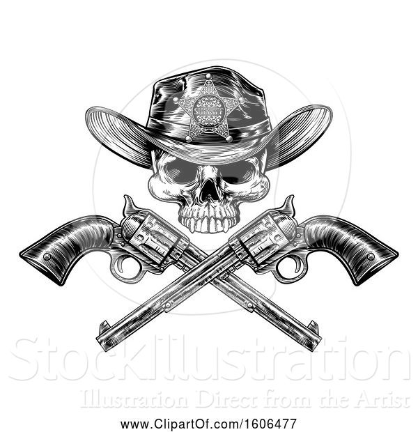 Vector Illustration of Cowboy Sheriff Skull over Crossed Guns in Black and White