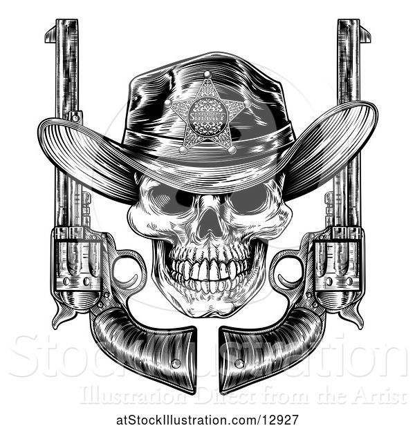 Vector Illustration of Cowboy Sheriff Skull with Crossed Guns in Black and White