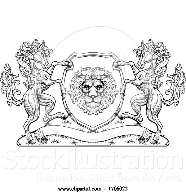 Vector Illustration of Crest Coat of Arms Horse Lion Family Shield Seal