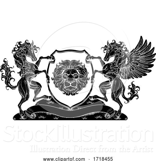 Vector Illustration of Crest Pegasus Horse Coat of Arms Lion Shield Seal