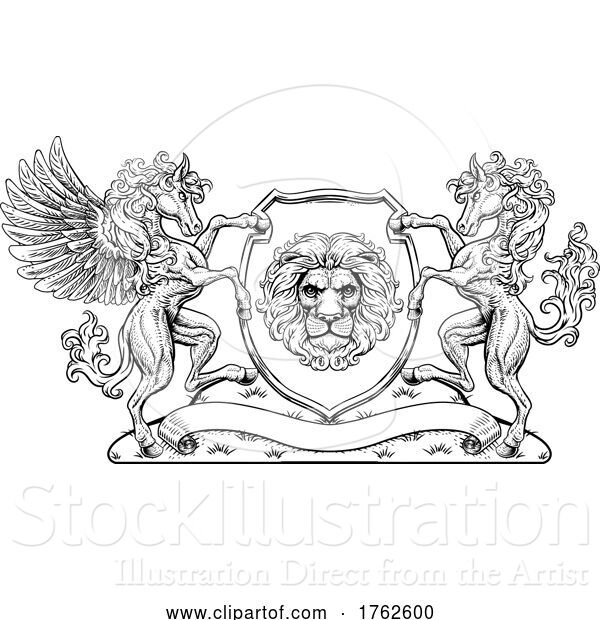 Vector Illustration of Crest Pegasus Horse Coat of Arms Lion Shield Seal