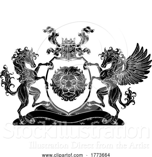 Vector Illustration of Crest Pegasus Horse Coat of Arms Lion Shield Seal