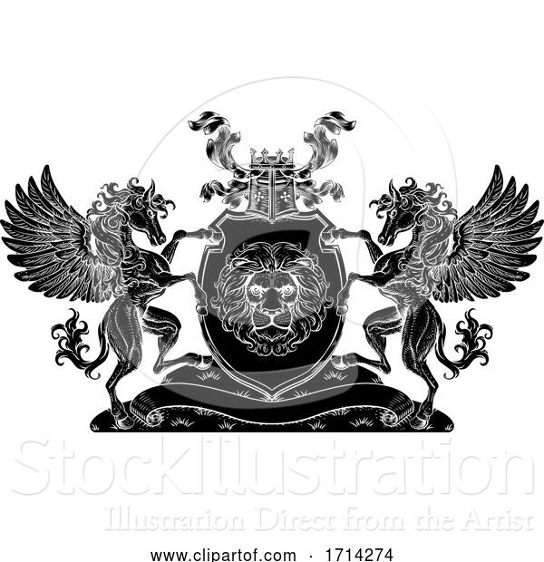 Vector Illustration of Crest Pegasus Horses Coat of Arms Lion Shield Seal