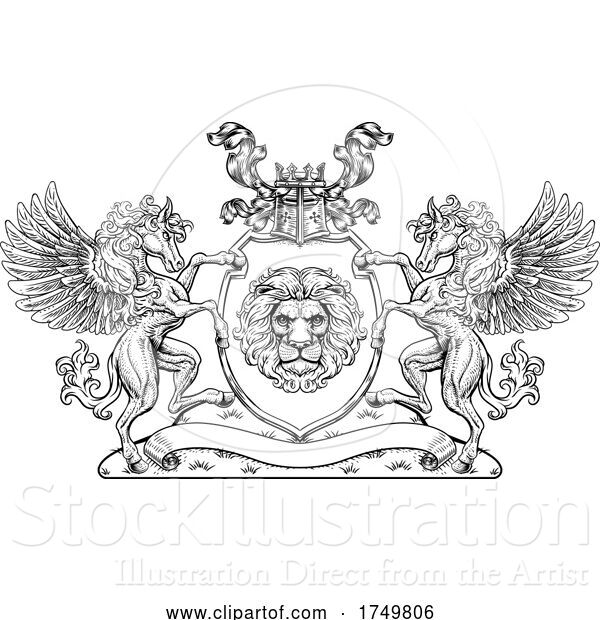 Vector Illustration of Crest Pegasus Horses Coat of Arms Lion Shield Seal