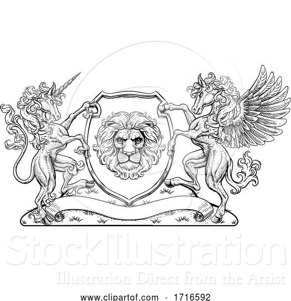Vector Illustration of Crest Pegasus Unicorn Coat of Arms Lion Shield