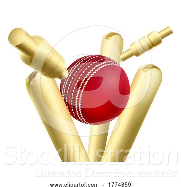 Vector Illustration of Cricket Ball Knocking over Wickets or Stumps