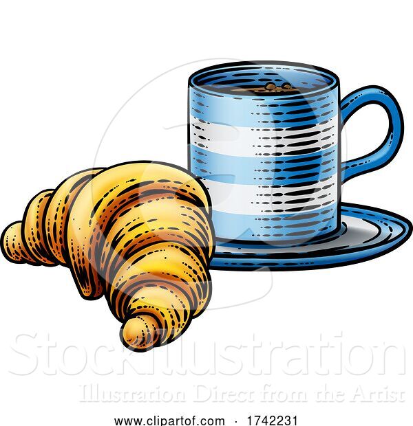 Vector Illustration of Croissant and Coffee Tea Cup Mug Woodcut