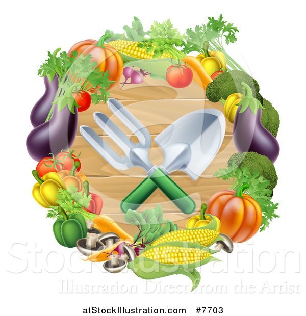 Vector Illustration of Crossed Garden Tools over Wood in a Vegetable Wreath