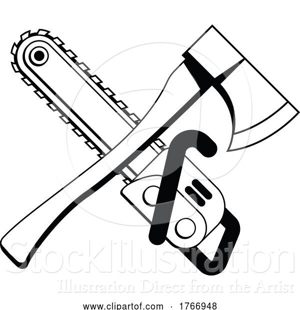 Vector Illustration of Crossed Tree Surgeon Chainsaw and Axe