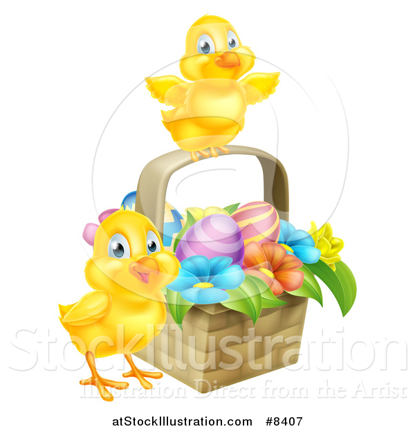 Vector Illustration of Cute Yellow Chicks with an Easter Basket of Eggs and Flowers