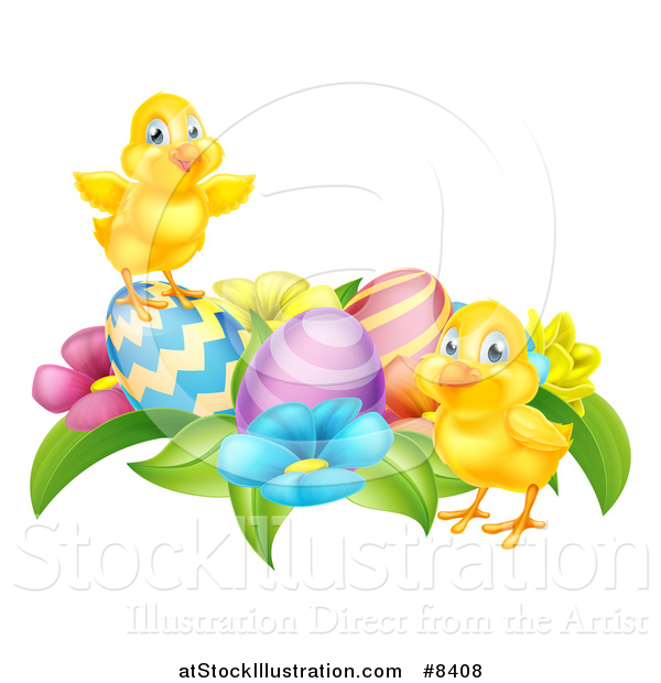 Vector Illustration of Cute Yellow Chicks with Easter Eggs and Flowers