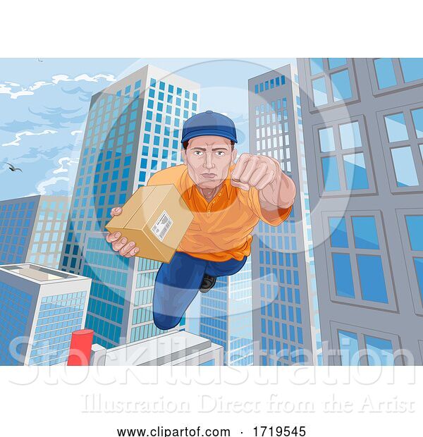 Vector Illustration of Delivery Courier Superhero Flying Super Hero