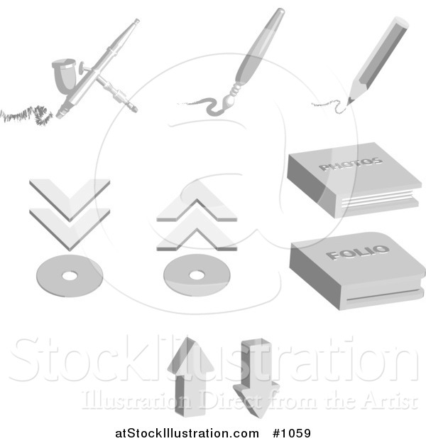 Vector Illustration of Design Items Including an Airbrush, Paintbrush, Pencil, Discs, Photo Album and Folio Album, over a White Background