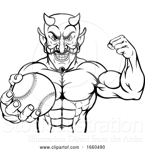 Vector Illustration of Devil Baseball Sports Mascot Holding Ball