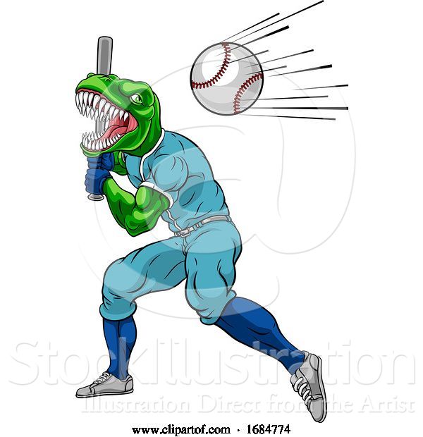 Vector Illustration of Dinosaur Baseball Player Mascot Swinging Bat