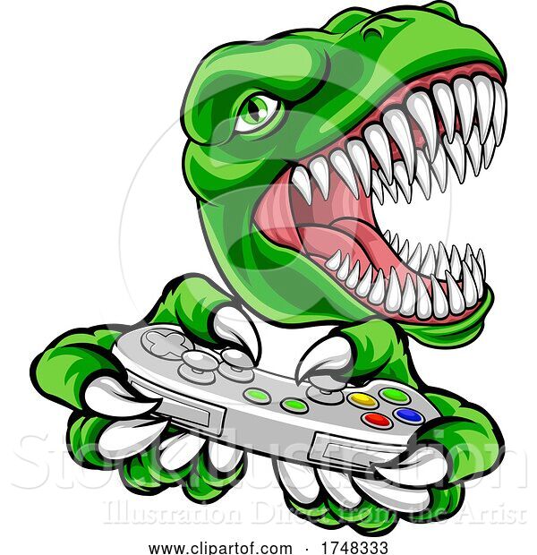 Vector Illustration of Dinosaur Gamer Video Game Controller Mascot