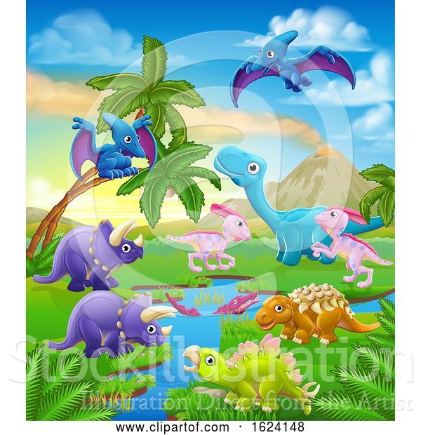 Vector Illustration of Dinosaur Prehistoric Landscape Scene