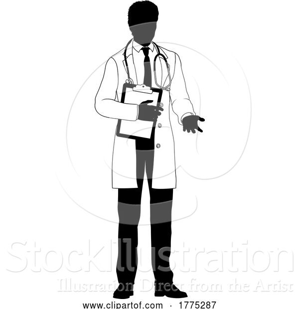 Vector Illustration of Doctor Guy and Clipboard Medical Silhouette Person