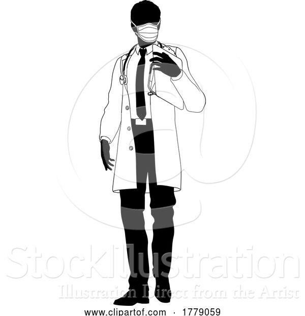 Vector Illustration of Doctor Guy and Clipboard Medical Silhouette Person