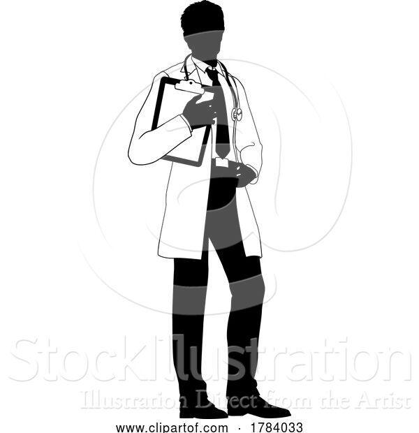 Vector Illustration of Doctor Guy and Clipboard Medical Silhouette Person