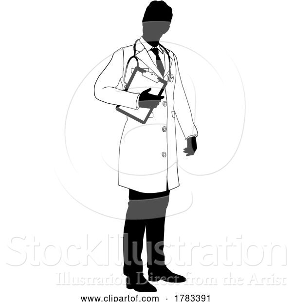 Vector Illustration of Doctor Guy and Clipboard Medical Silhouette Person