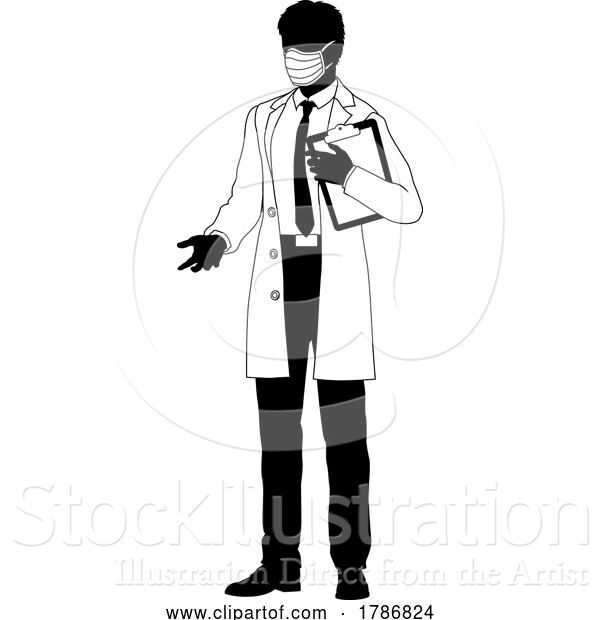 Vector Illustration of Doctor Guy and Clipboard Medical Silhouette Person