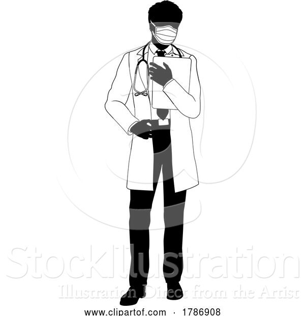 Vector Illustration of Doctor Guy and Clipboard Medical Silhouette Person