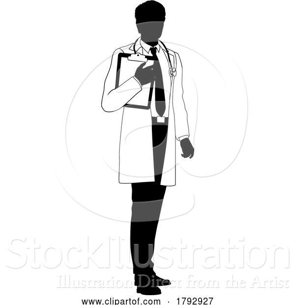 Vector Illustration of Doctor Guy and Clipboard Medical Silhouette Person