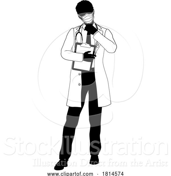 Vector Illustration of Doctor Guy and Clipboard Medical Silhouette Person