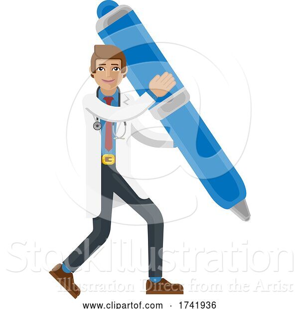 Vector Illustration of Doctor Guy Holding Pen Mascot Concept