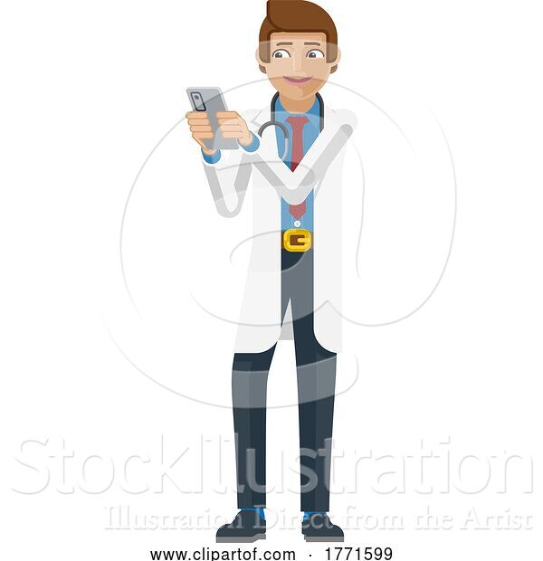 Vector Illustration of Doctor Holding Mobile Phone Character