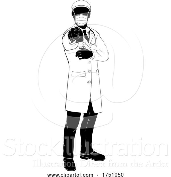 Vector Illustration of Doctor in PPE Mask Pointing Needs You Silhouette