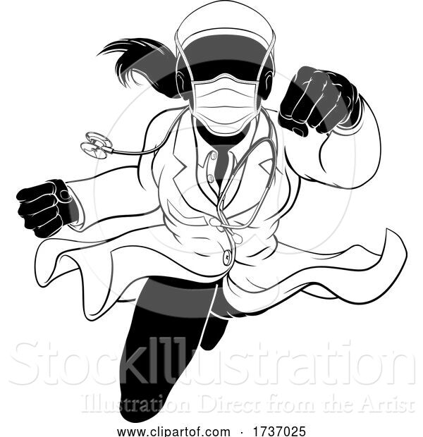 Vector Illustration of Doctor Lady Flying Super Hero PPE Mask Silhouette