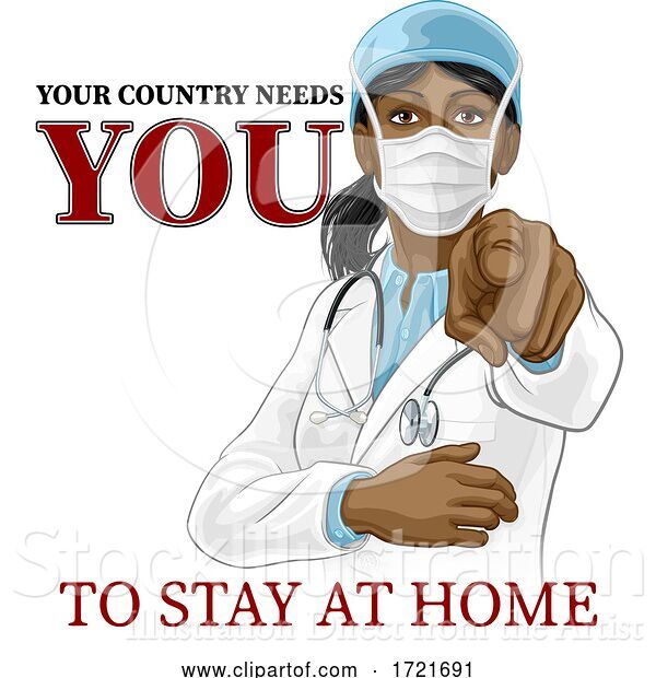 Vector Illustration of Doctor Lady Needs You Stay Home Pointing Poster